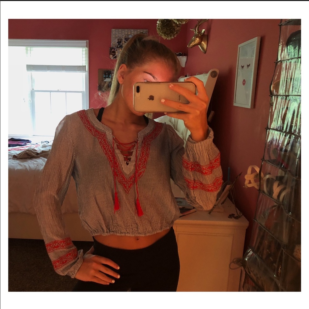 SOLD: Sheer cropped long sleeve top with tassels